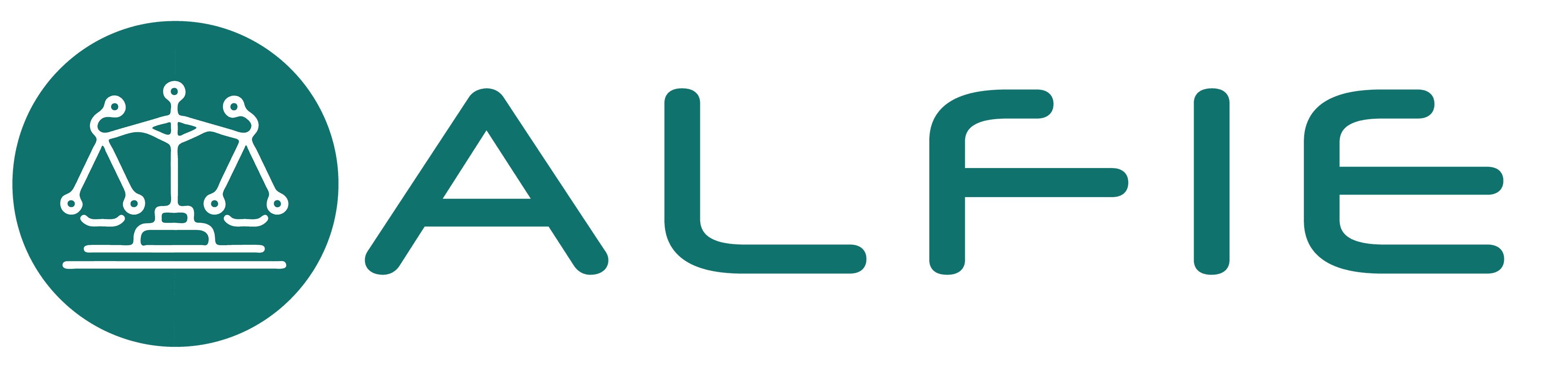 Alfie logo. A circular teal logo featuring a stylized white outline of the scales of justice...